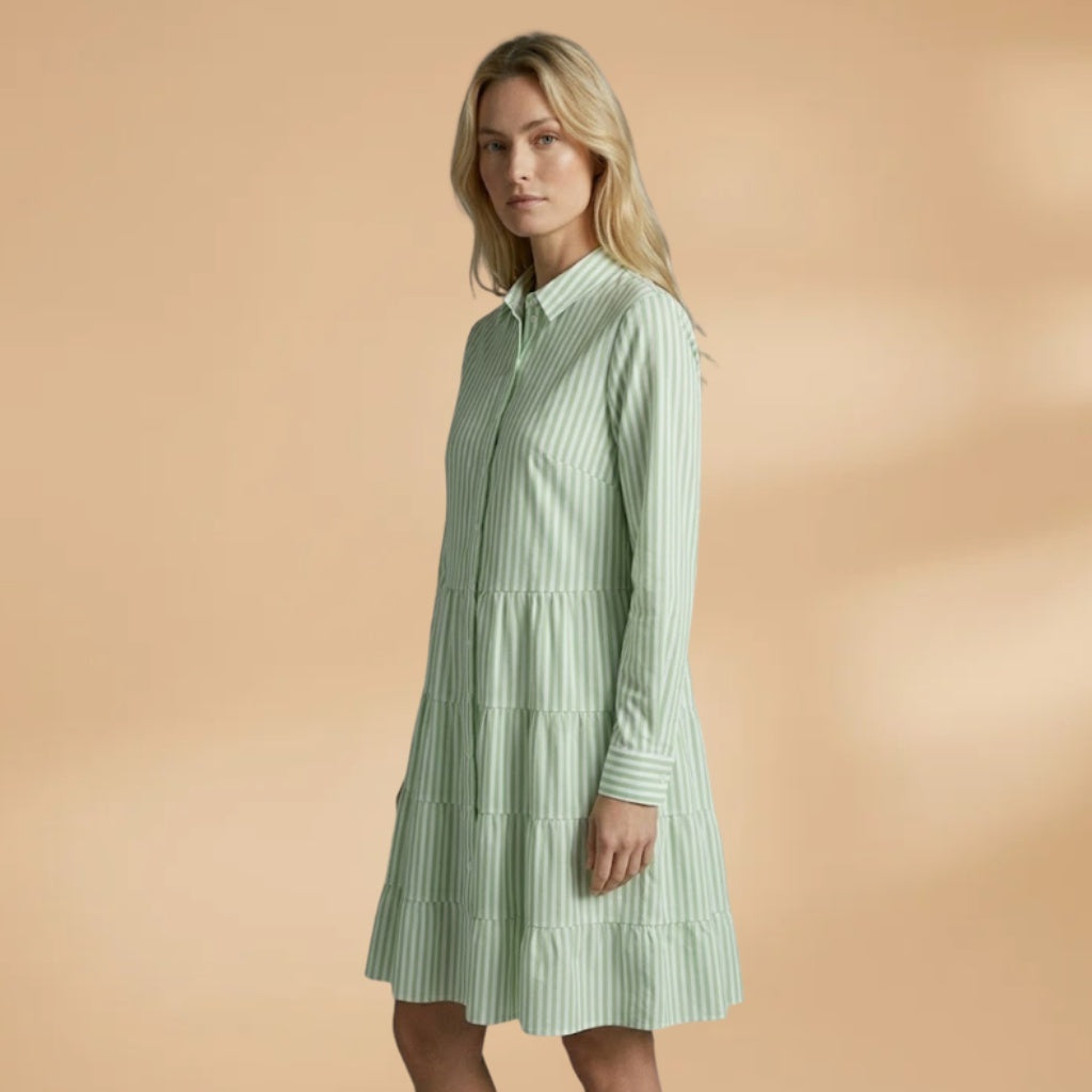 Luísa | Vestido Camiseiro Midi Riscado Mulher Manga Comprida