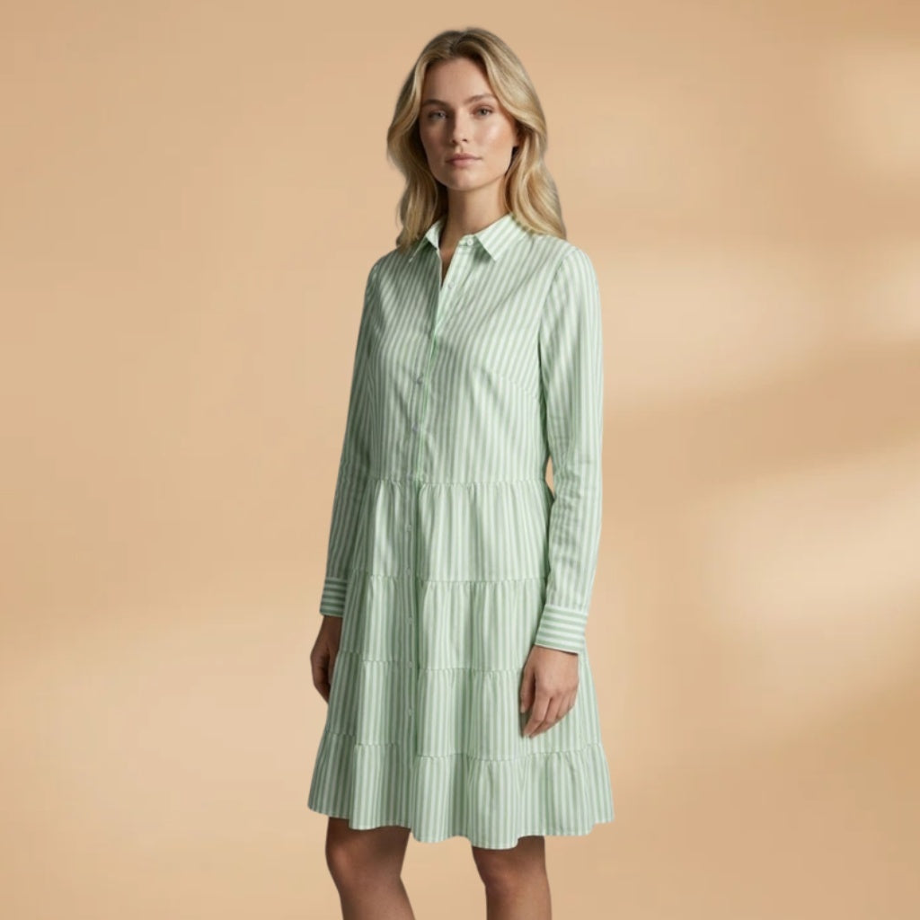 Luísa | Vestido Camiseiro Midi Riscado Mulher Manga Comprida