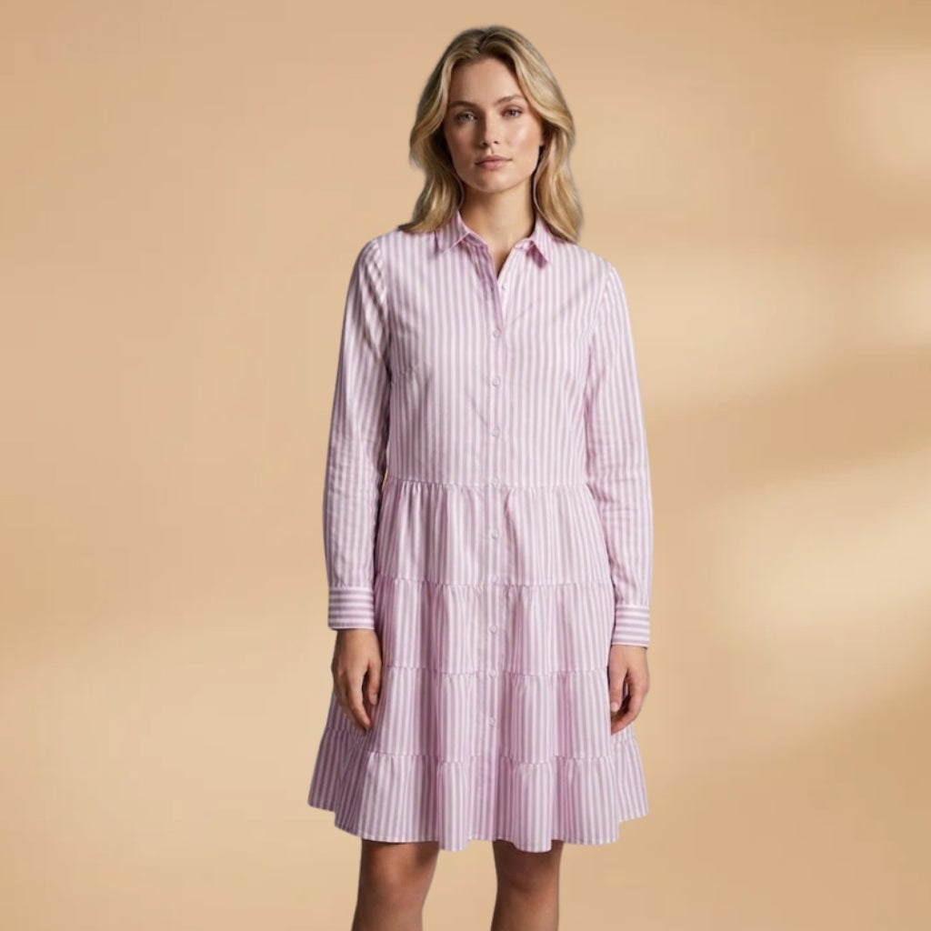 Luísa | Vestido Camiseiro Midi Riscado Mulher Manga Comprida