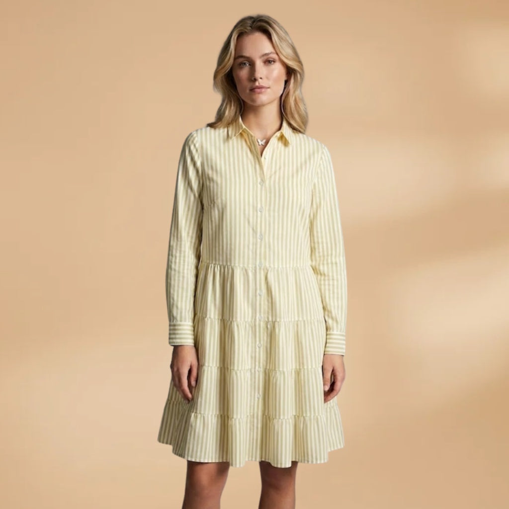 Luísa | Vestido Camiseiro Midi Riscado Mulher Manga Comprida