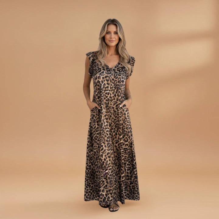 Fernanda | Vestido Comprido Animal Print Mulher Decote V