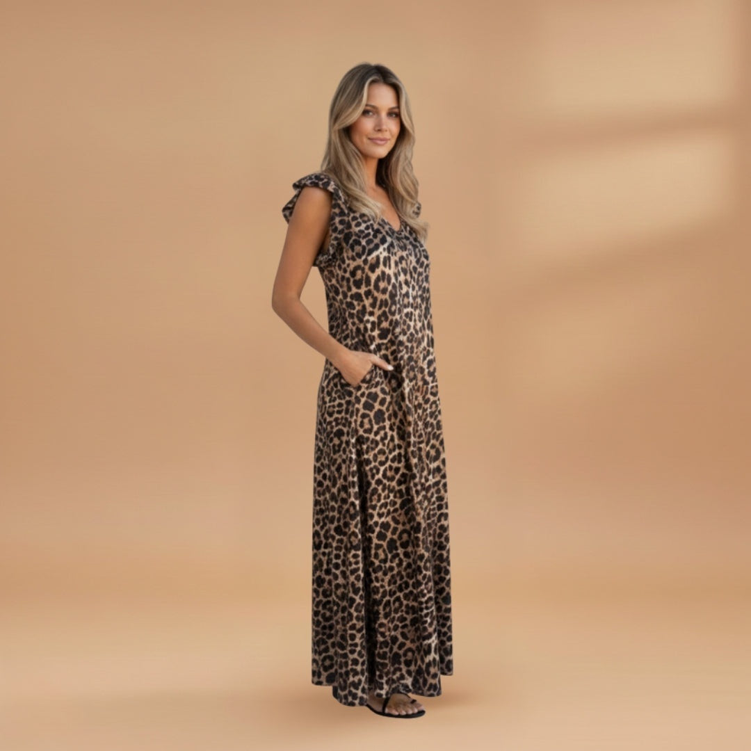 Fernanda | Vestido Comprido Animal Print Mulher Decote V