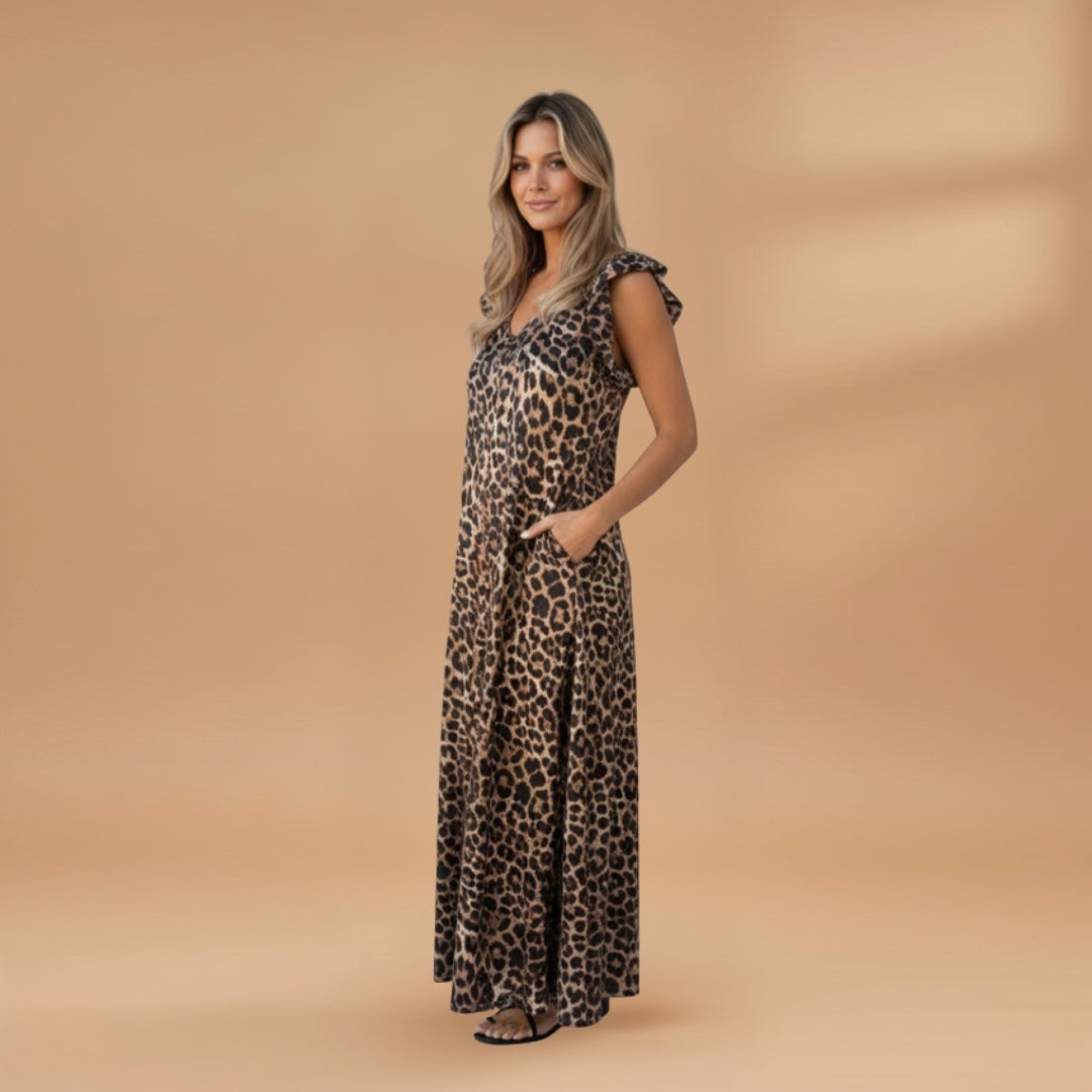 Fernanda | Vestido Comprido Animal Print Mulher Decote V
