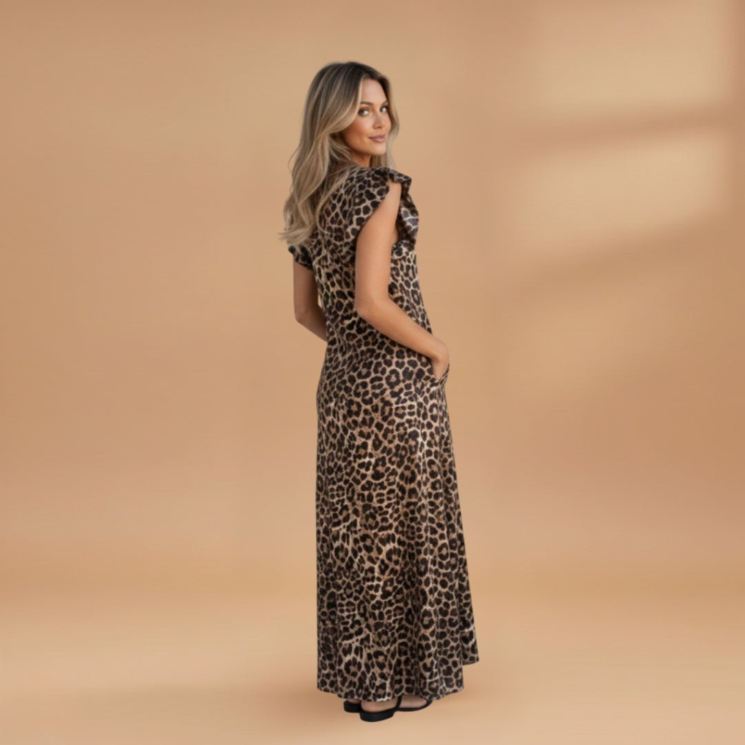 Fernanda | Vestido Comprido Animal Print Mulher Decote V