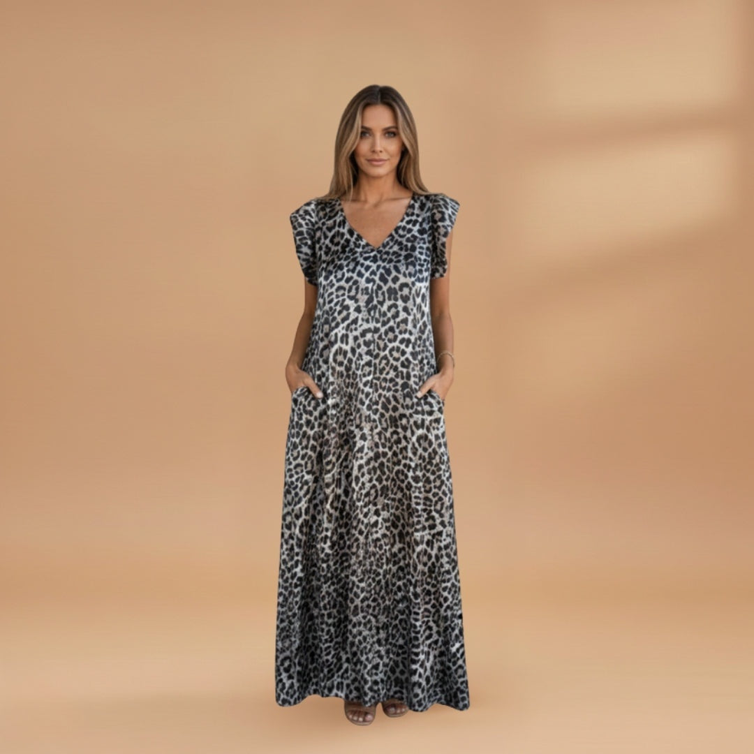 Fernanda | Vestido Comprido Animal Print Mulher Decote V