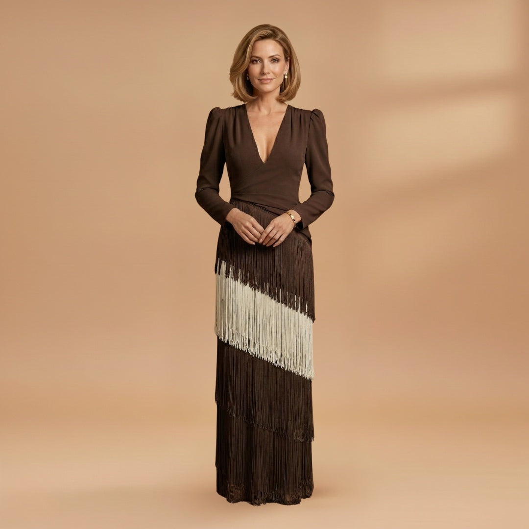 Inês | Vestido Comprido de Festa Mulher Decote V Franjas