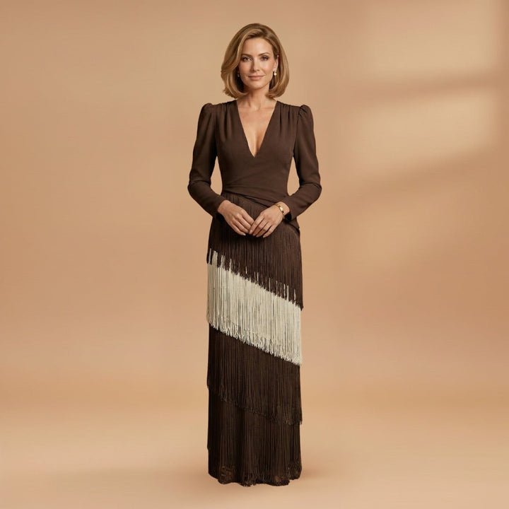 Inês | Vestido Comprido de Festa Mulher Decote V Franjas