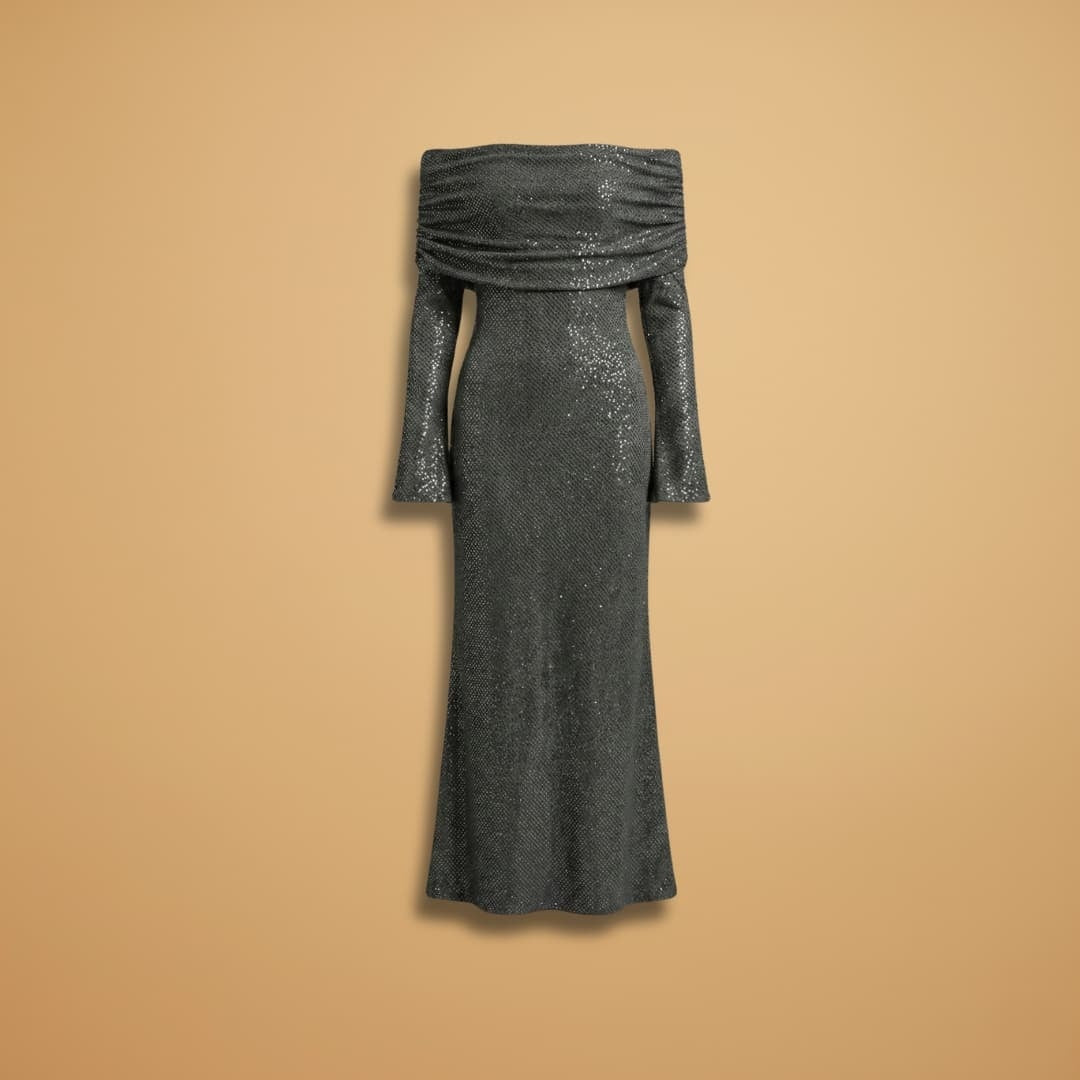 Mónica | Vestido Comprido de Festa Mulher Lantejoulas Ombros Descobertos