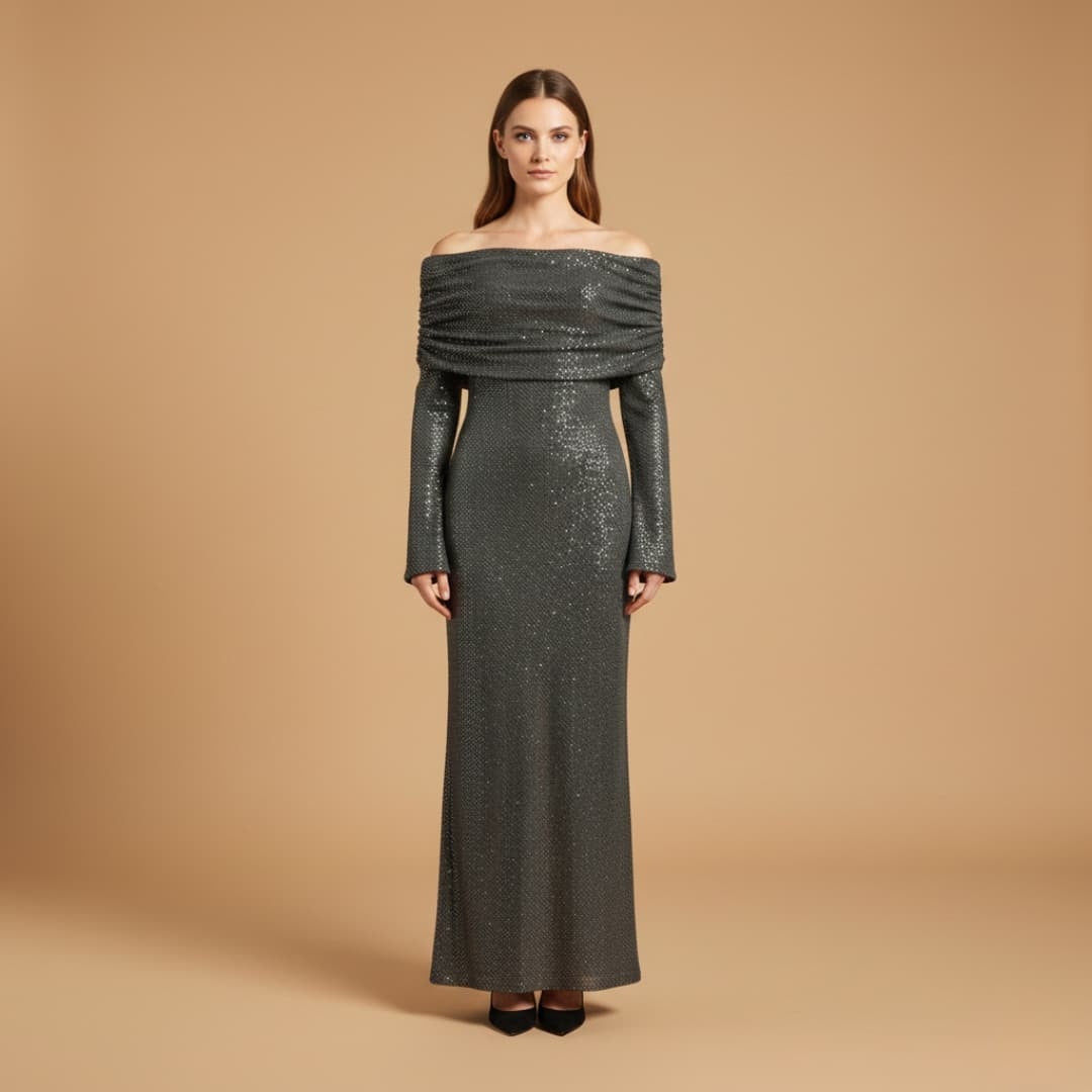 Mónica | Vestido Comprido de Festa Mulher Lantejoulas Ombros Descobertos