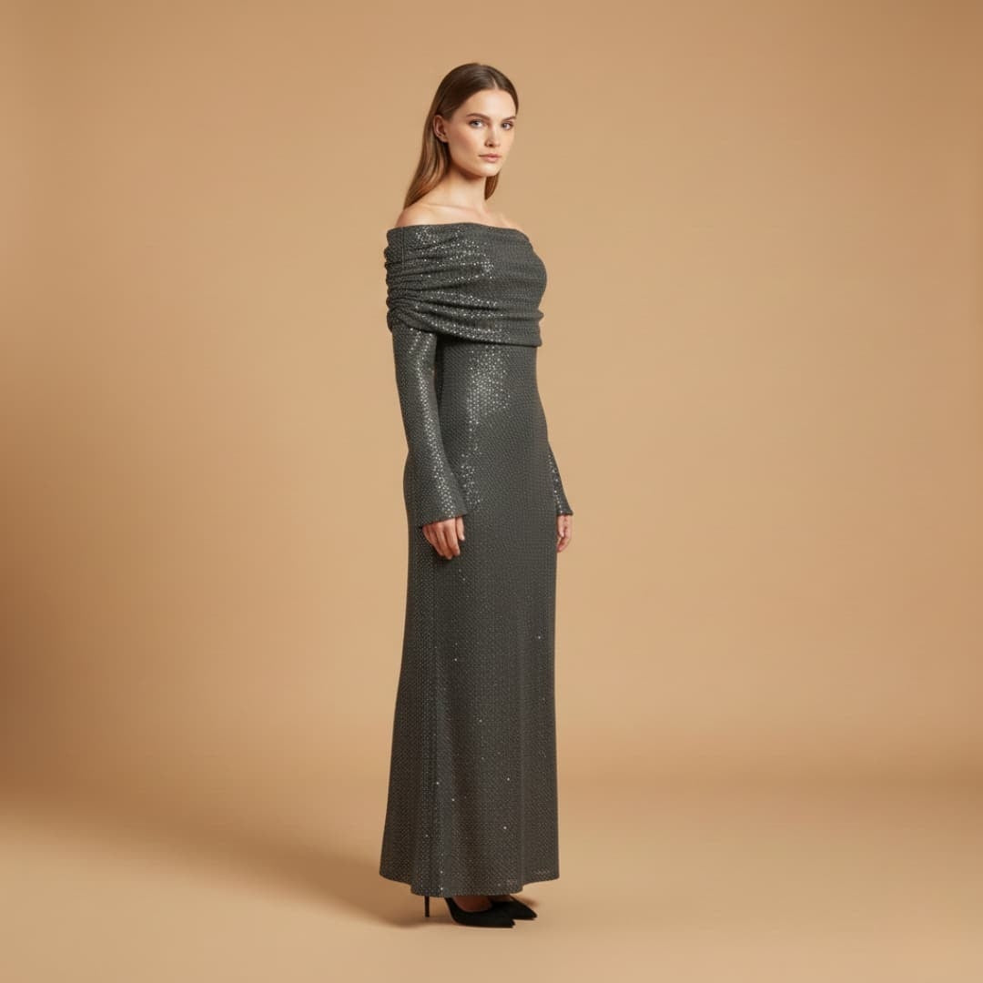 Mónica | Vestido Comprido de Festa Mulher Lantejoulas Ombros Descobertos