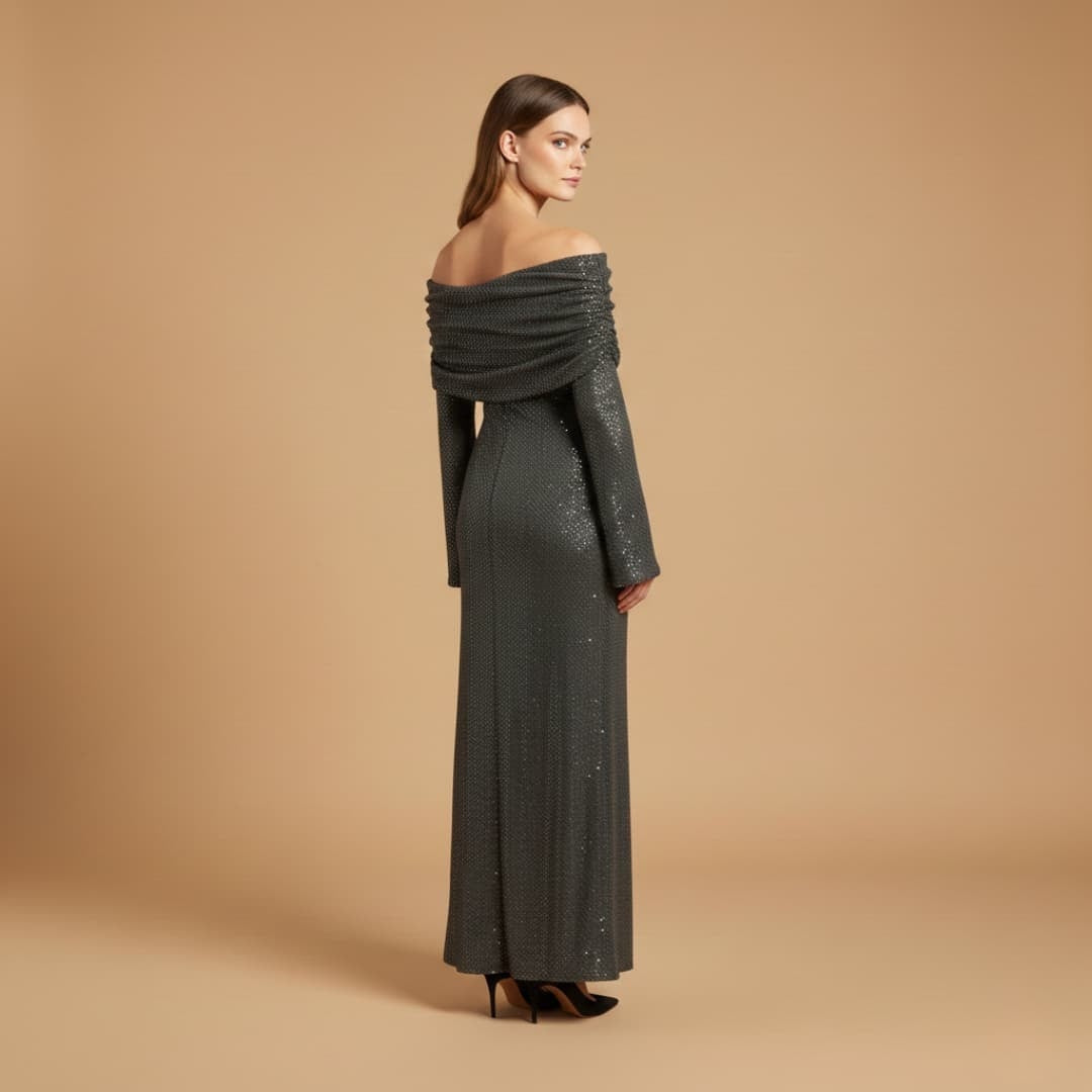 Mónica | Vestido Comprido de Festa Mulher Lantejoulas Ombros Descobertos