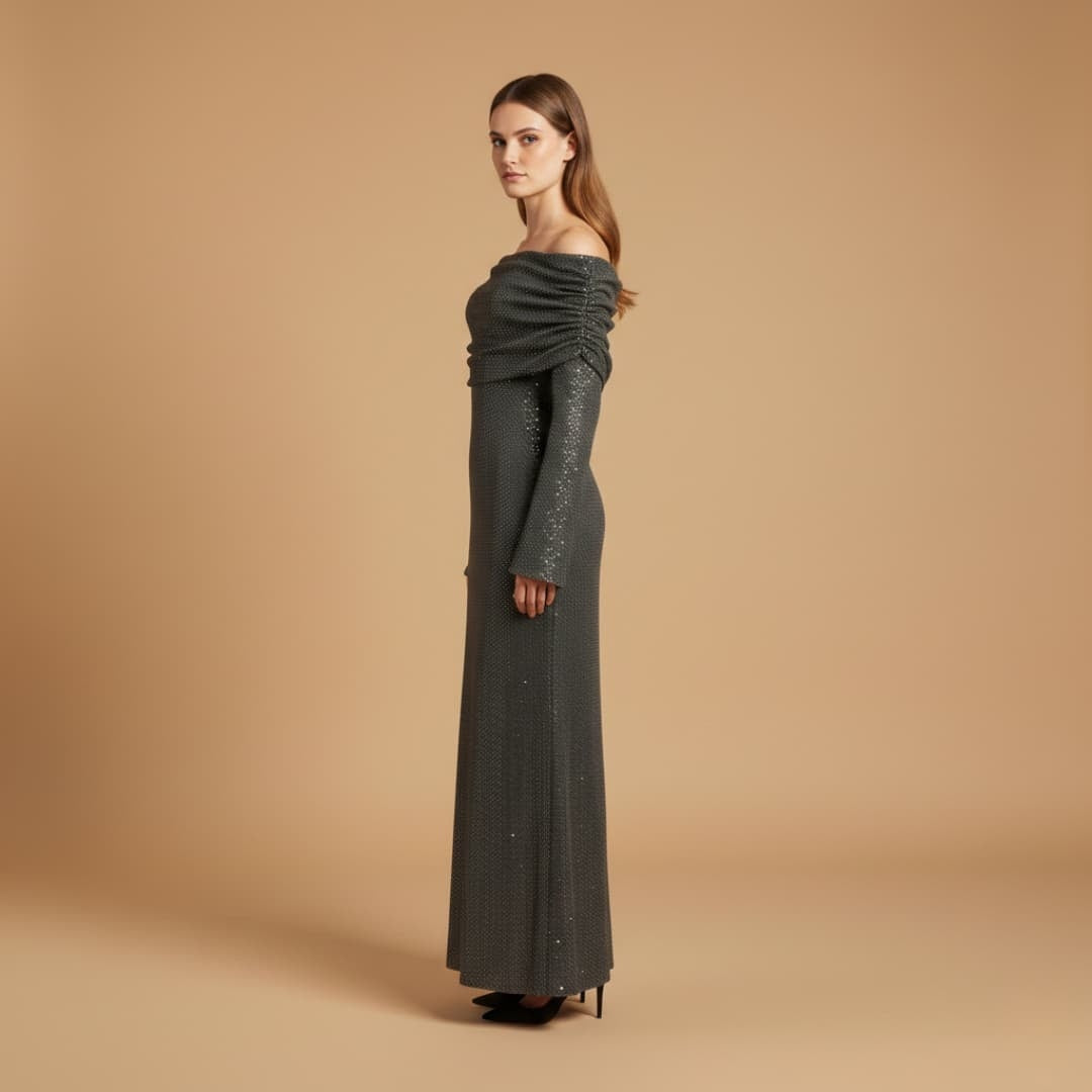 Mónica | Vestido Comprido de Festa Mulher Lantejoulas Ombros Descobertos