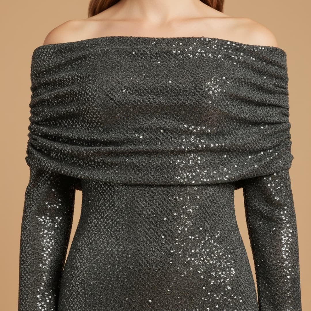 Mónica | Vestido Comprido de Festa Mulher Lantejoulas Ombros Descobertos