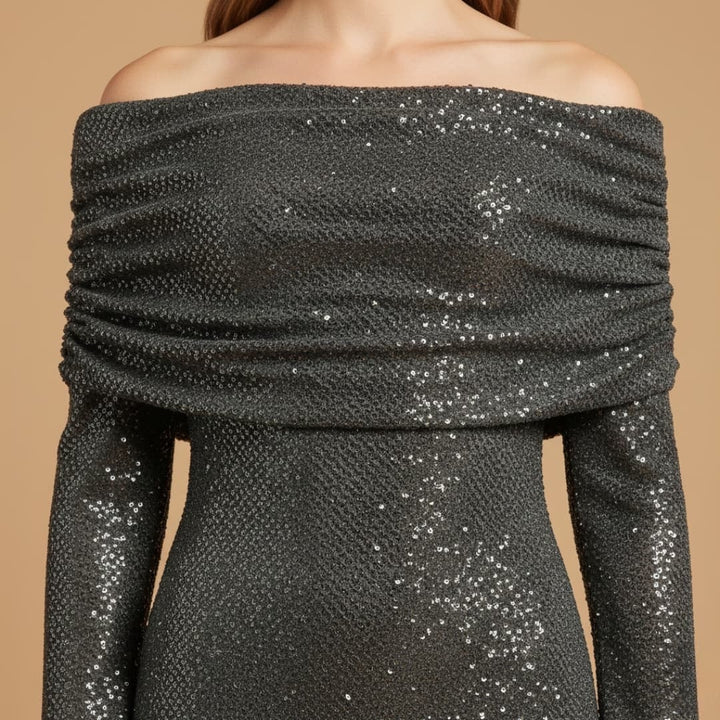Mónica | Vestido Comprido de Festa Mulher Lantejoulas Ombros Descobertos