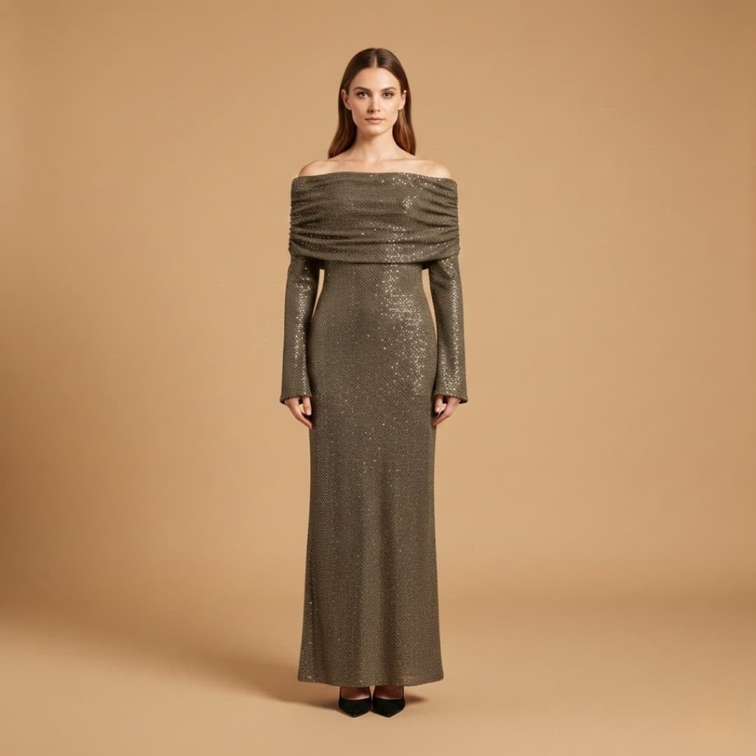Mónica | Vestido Comprido de Festa Mulher Lantejoulas Ombros Descobertos