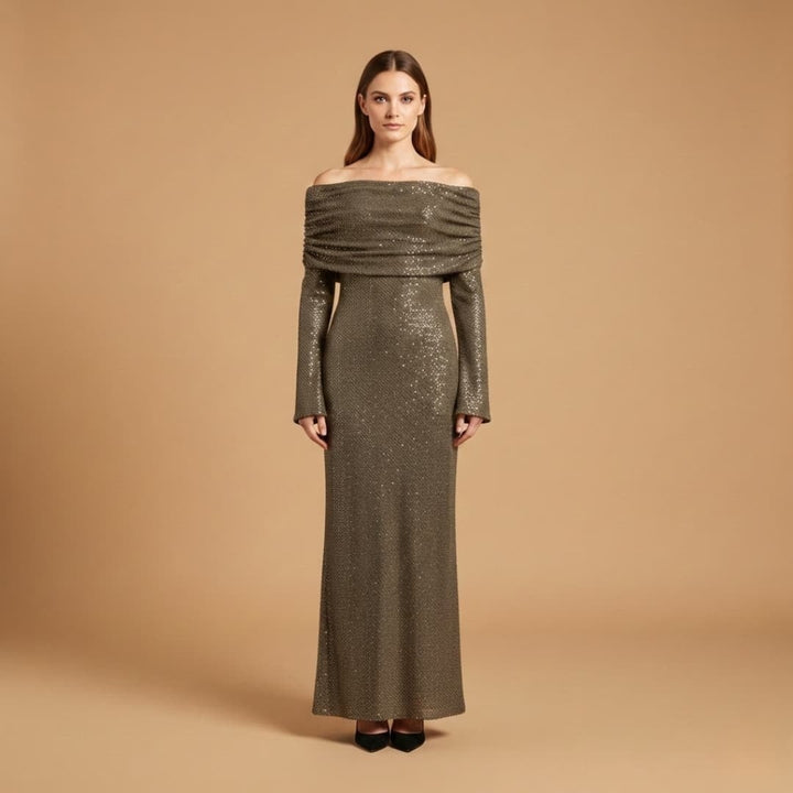 Mónica | Vestido Comprido de Festa Mulher Lantejoulas Ombros Descobertos