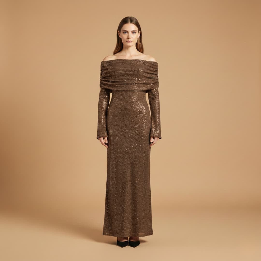 Mónica | Vestido Comprido de Festa Mulher Lantejoulas Ombros Descobertos