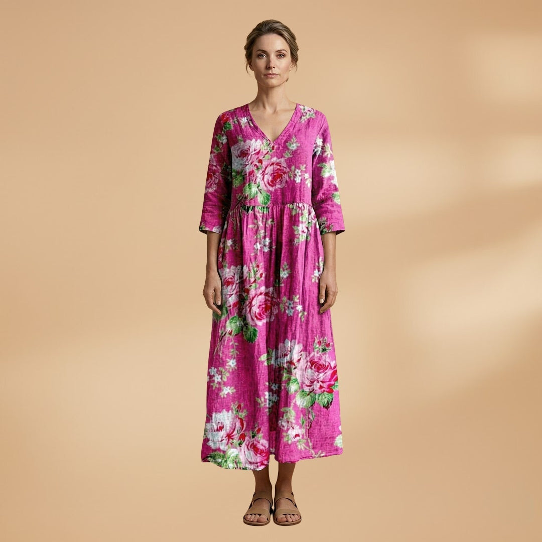 Rita | Vestido Comprido de Verão Estampado Floral Mulher Decote V