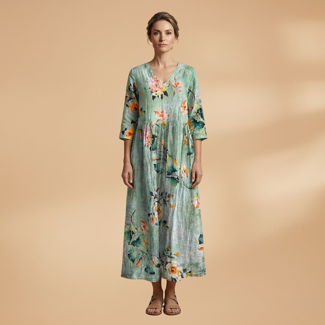Rita | Vestido Comprido de Verão Estampado Floral Mulher Decote V