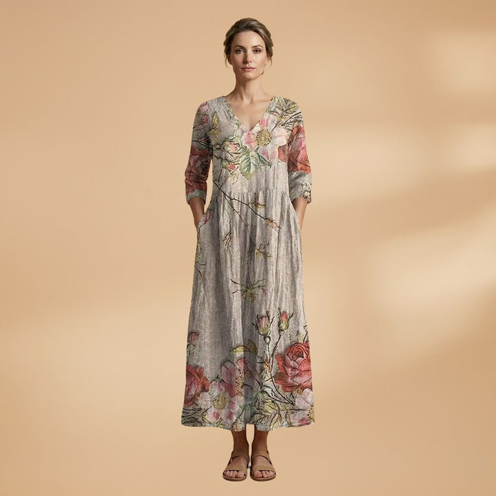 Rita | Vestido Comprido de Verão Estampado Floral Mulher Decote V