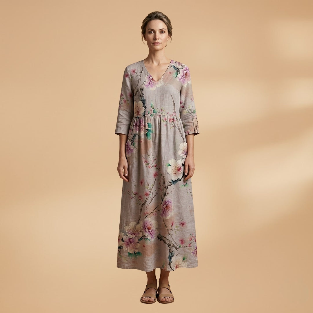 Rita | Vestido Comprido de Verão Estampado Floral Mulher Decote V