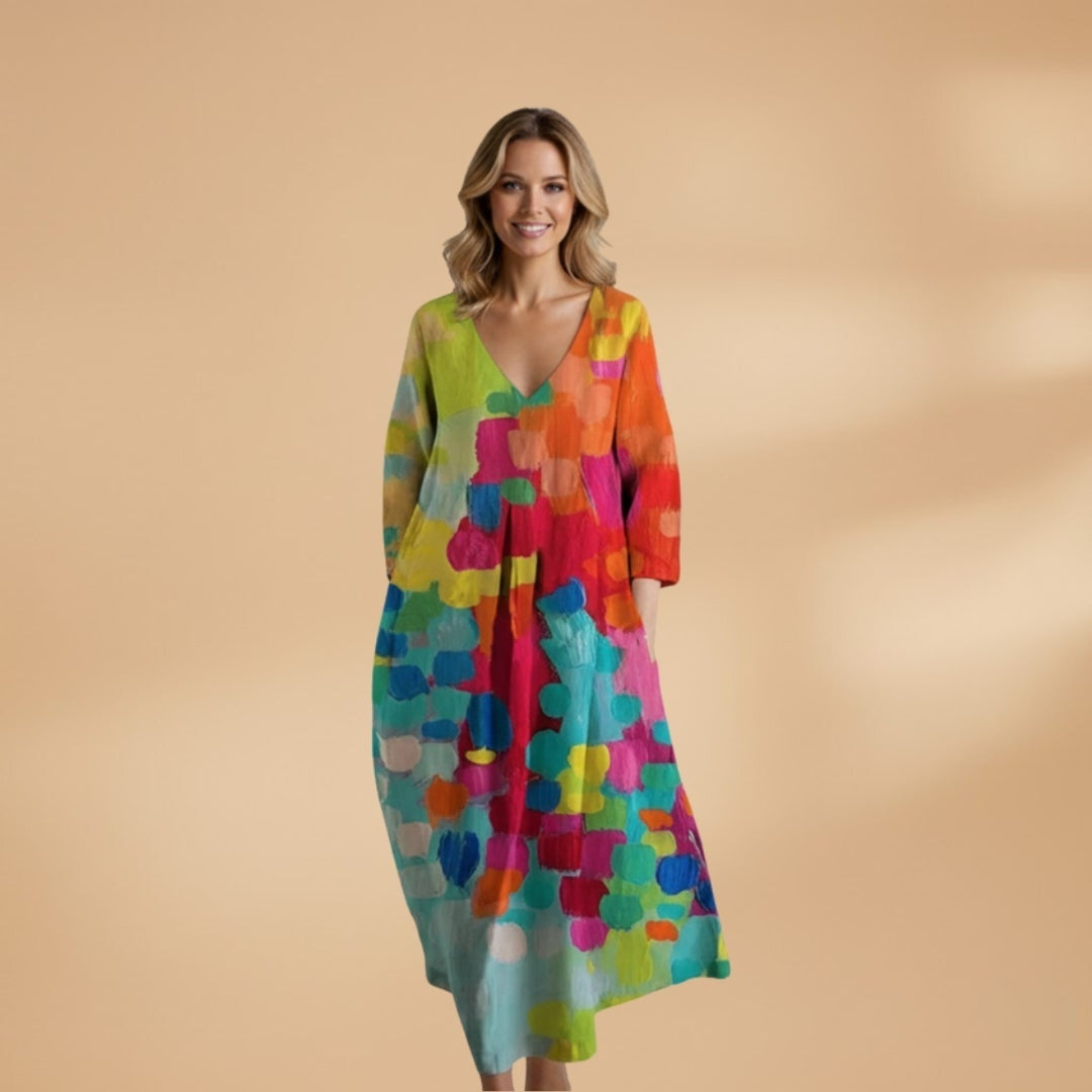 Daniela | Vestido Comprido de Verão Estampado Mulher Decote V