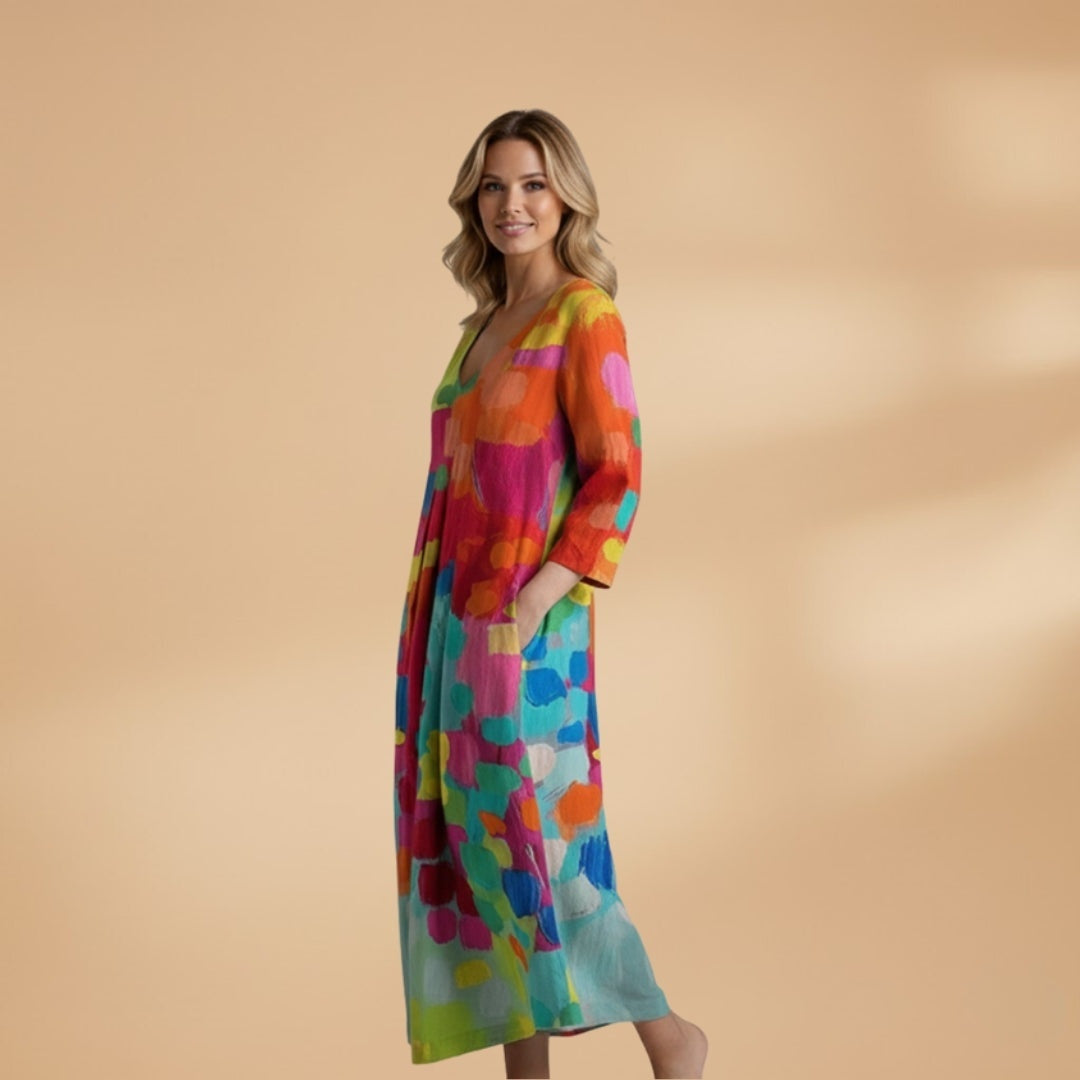 Daniela | Vestido Comprido de Verão Estampado Mulher Decote V
