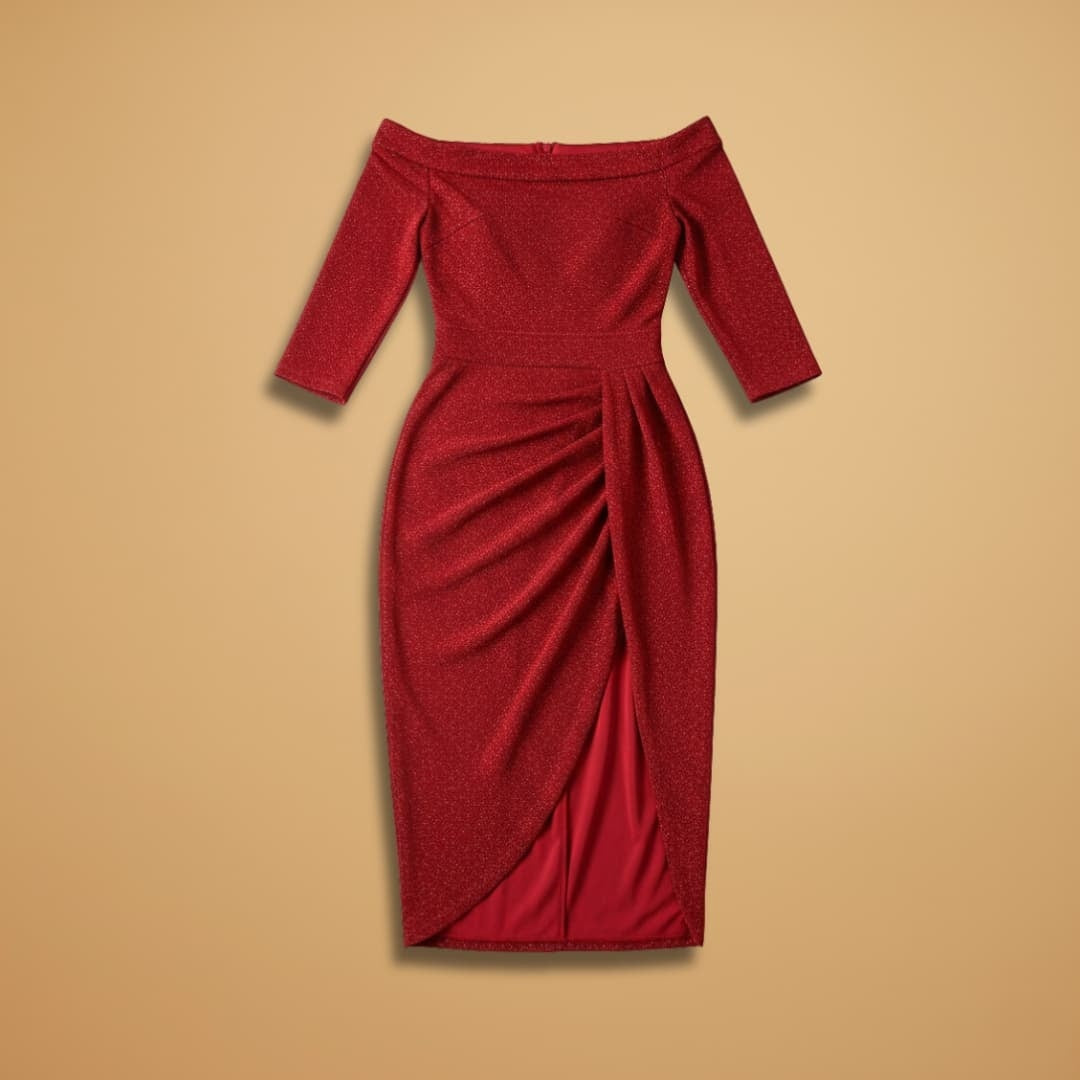 Fátima | Vestido Comprido Decote Off-Shoulder Mulher Manga Três Quartos