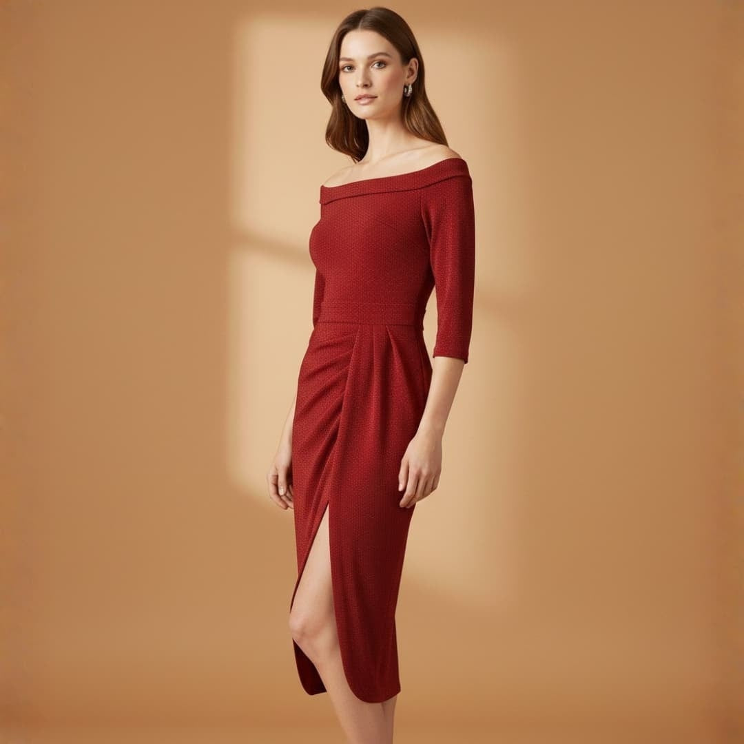 Fátima | Vestido Comprido Decote Off-Shoulder Mulher Manga Três Quartos