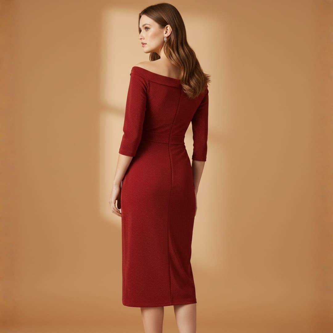 Fátima | Vestido Comprido Decote Off-Shoulder Mulher Manga Três Quartos