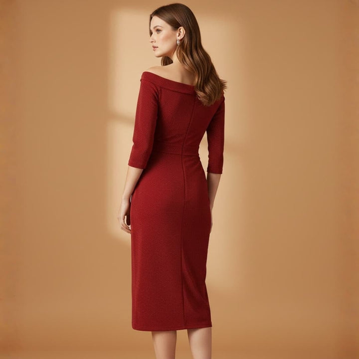 Fátima | Vestido Comprido Decote Off-Shoulder Mulher Manga Três Quartos