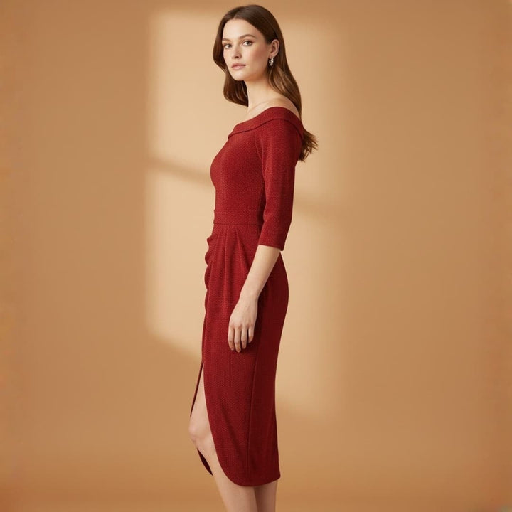 Fátima | Vestido Comprido Decote Off-Shoulder Mulher Manga Três Quartos