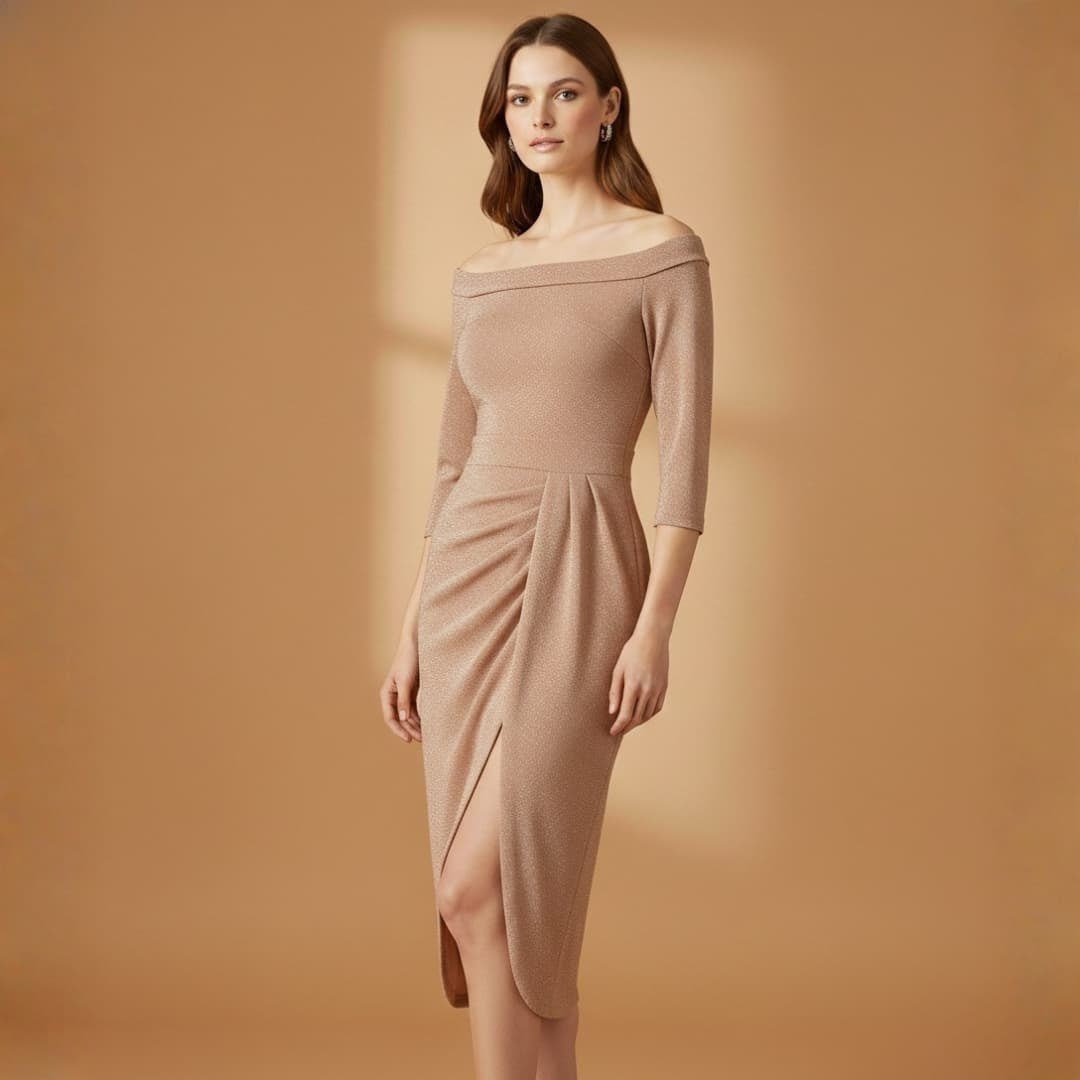 Fátima | Vestido Comprido Decote Off-Shoulder Mulher Manga Três Quartos