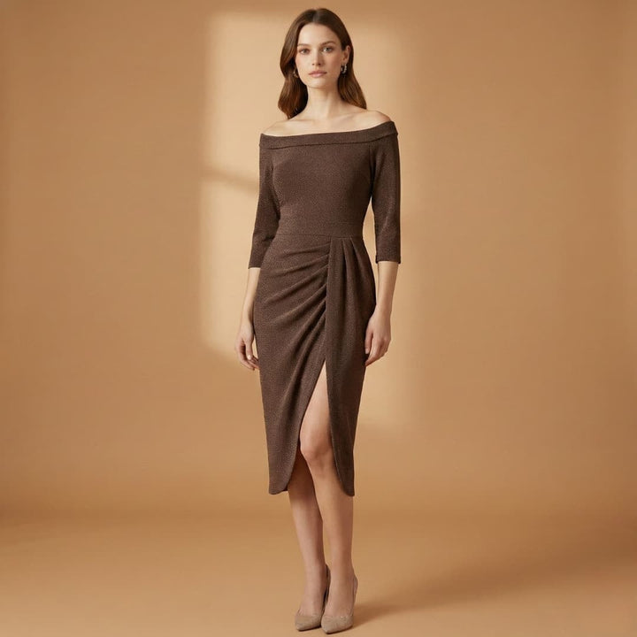 Fátima | Vestido Comprido Decote Off-Shoulder Mulher Manga Três Quartos