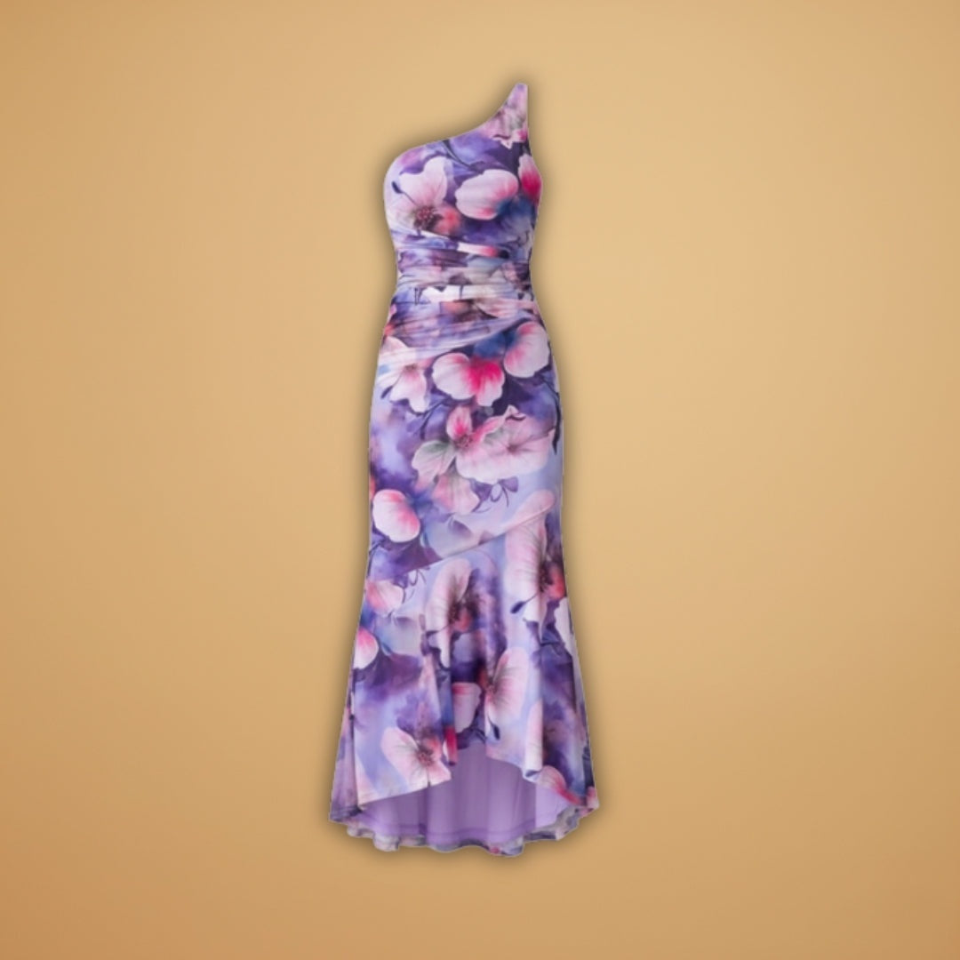 Carla | Vestido Comprido Estampado Floral Mulher Assimétrico