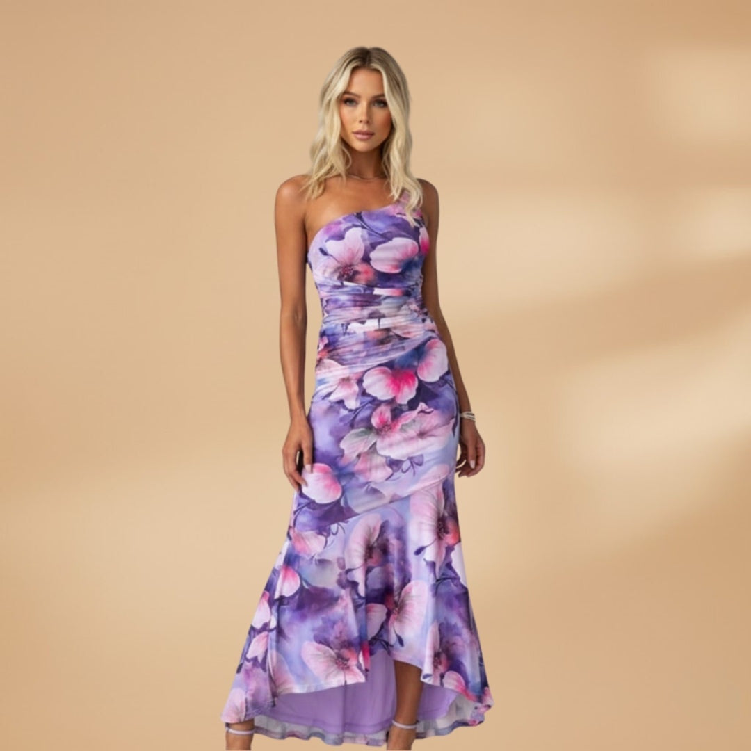 Carla | Vestido Comprido Estampado Floral Mulher Assimétrico