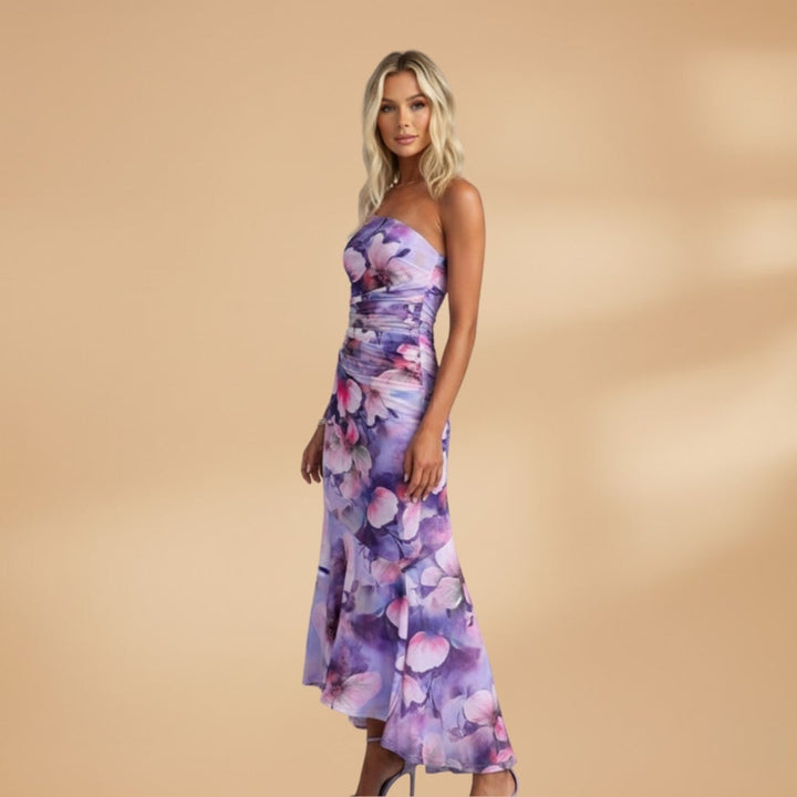 Carla | Vestido Comprido Estampado Floral Mulher Assimétrico