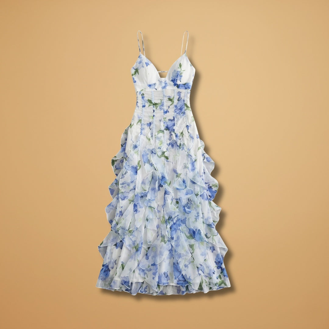 Sílvia | Vestido Comprido Estampado Floral Mulher Folhos