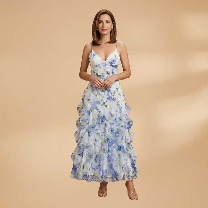 Sílvia | Vestido Comprido Estampado Floral Mulher Folhos