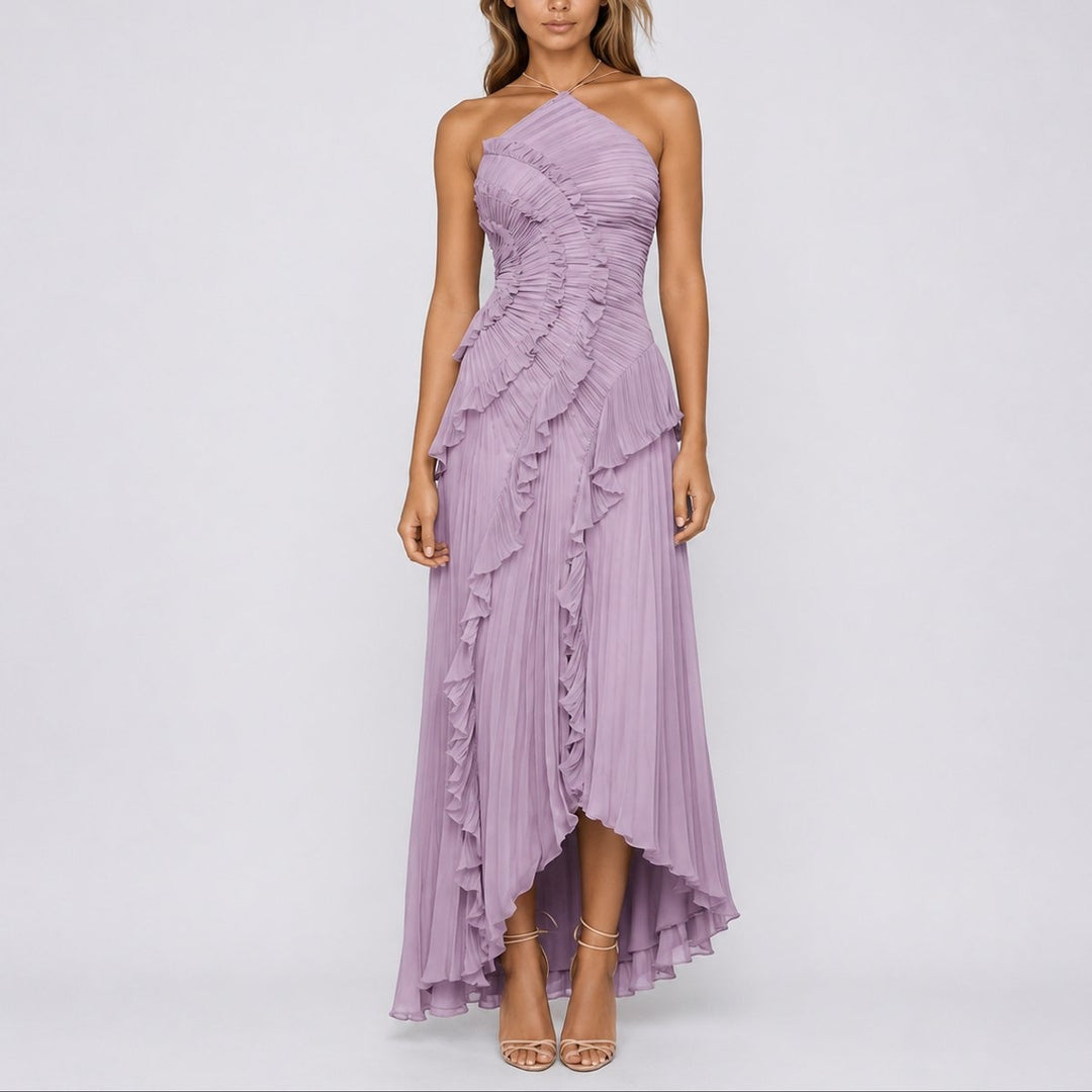 Vestido Comprido Plissado Mulher Decote Halter Babados Assimétrico