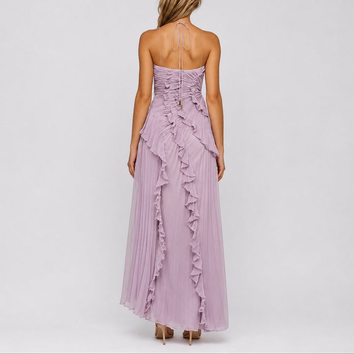 Vestido Comprido Plissado Mulher Decote Halter Babados Assimétrico