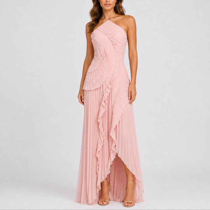 Vestido Comprido Plissado Mulher Decote Halter Babados Assimétrico