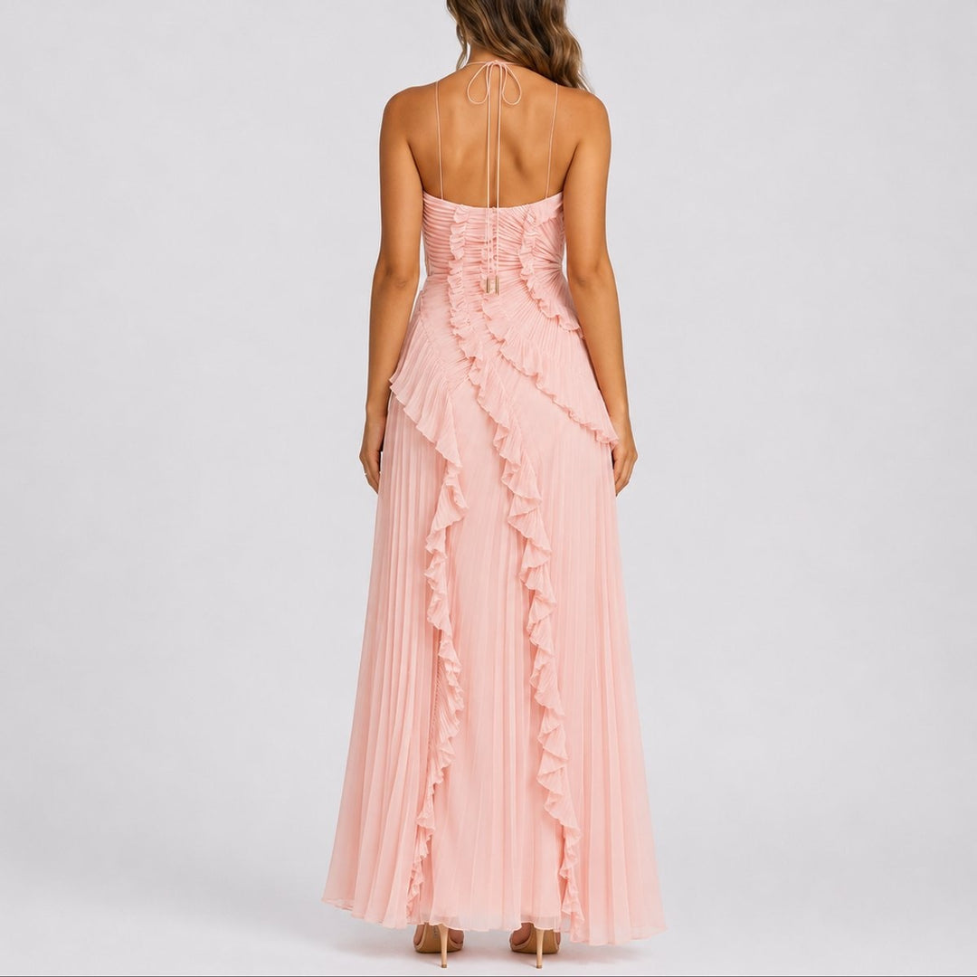 Vestido Comprido Plissado Mulher Decote Halter Babados Assimétrico