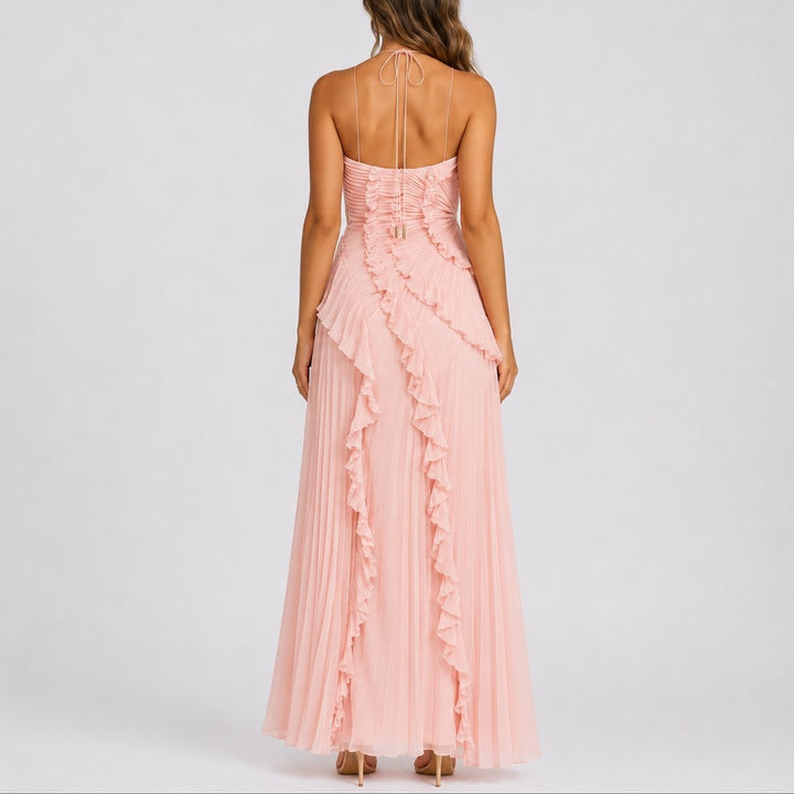 Vestido Comprido Plissado Mulher Decote Halter Babados Assimétrico