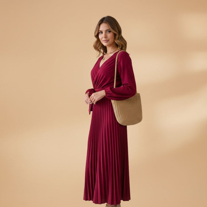 Ana | Vestido Comprido Plissado Mulher Manga Comprida Decote V