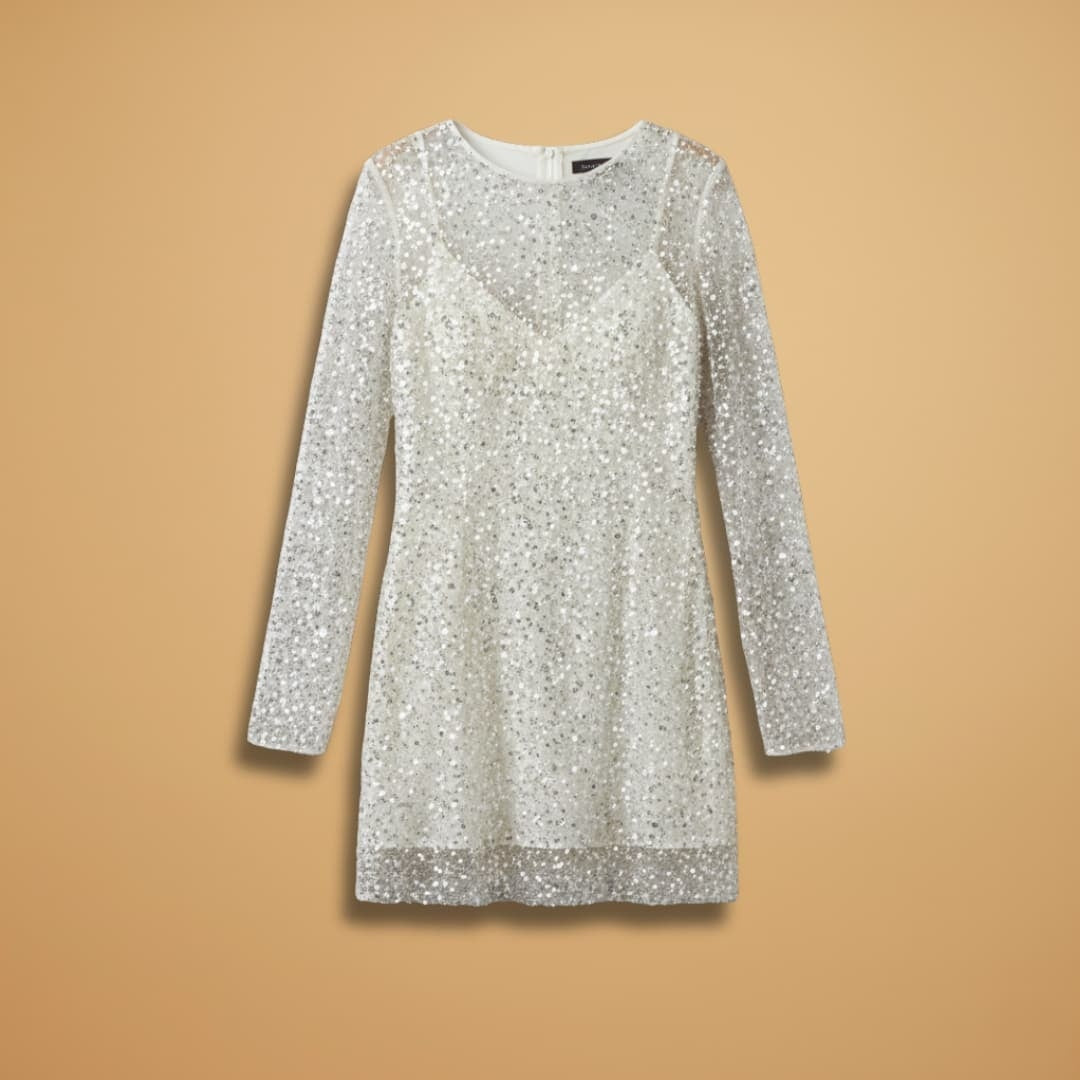 Irina | Vestido Curto de Festa Mulher Lantejoulas Manga Comprida