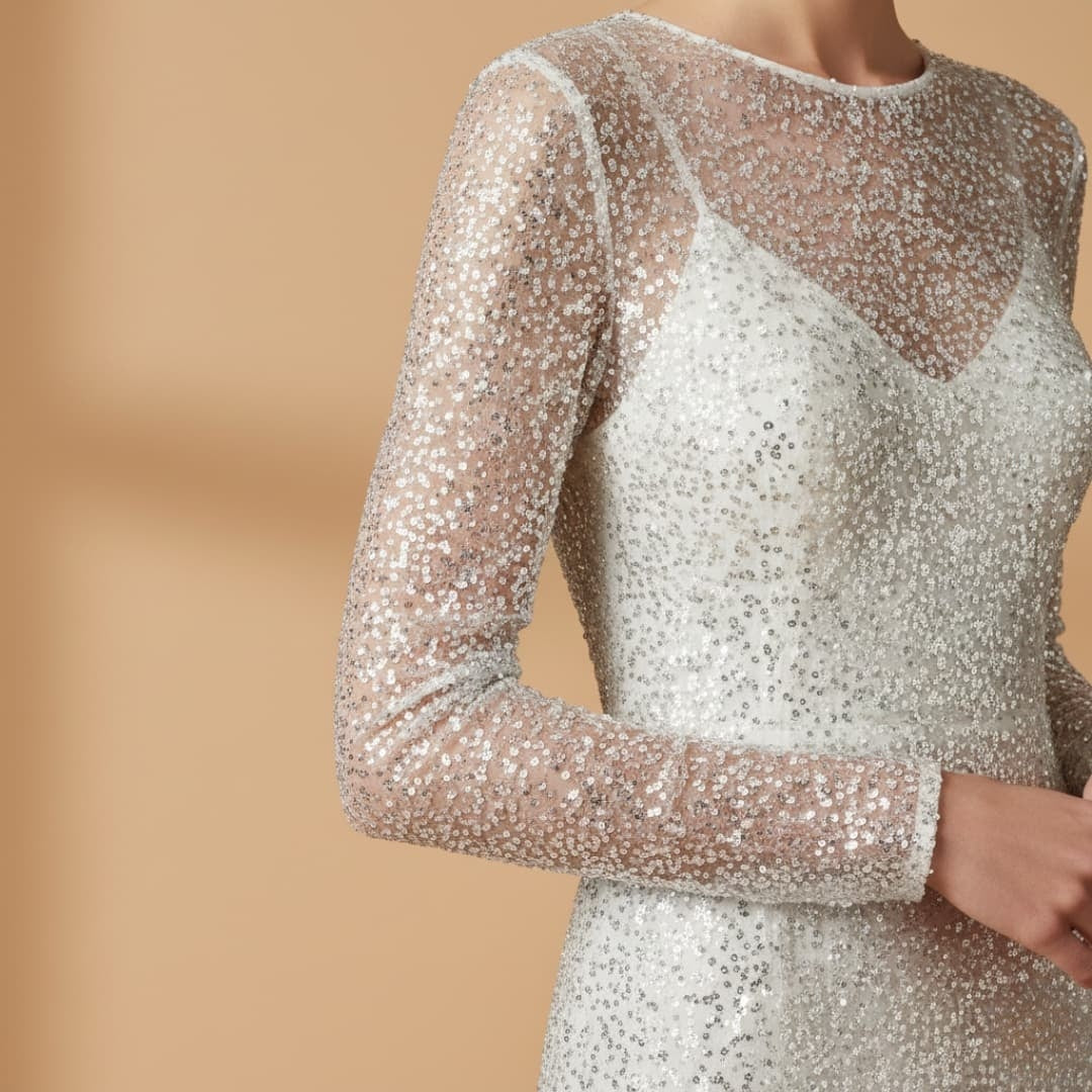Irina | Vestido Curto de Festa Mulher Lantejoulas Manga Comprida