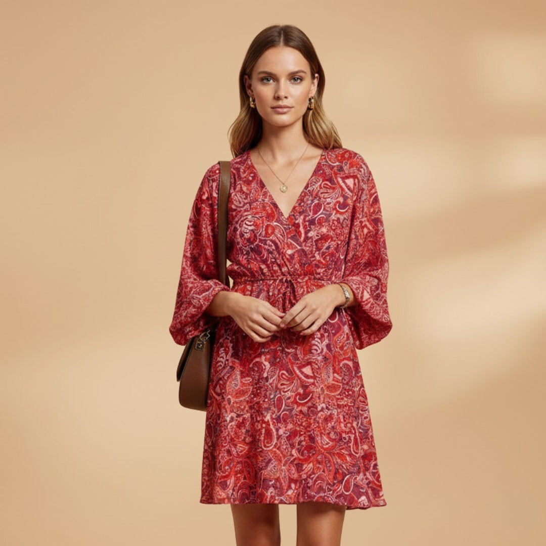 Madalena | Vestido Curto de Verão Mulher Decote V Manga Bufante