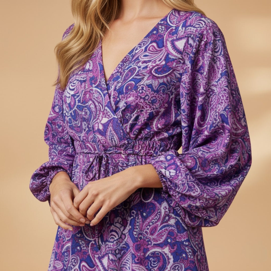 Madalena | Vestido Curto de Verão Mulher Decote V Manga Bufante
