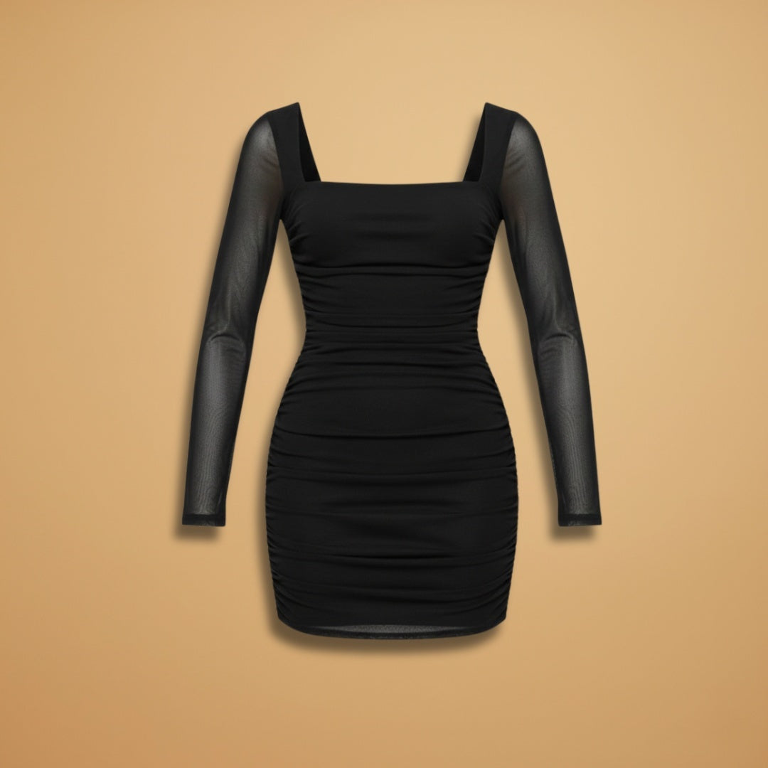 Maria | Vestido Curto Manga Transparente Mulher Decote Quadrado